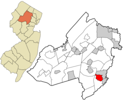 Location of Madison in Morris County highlighted in red (right). Inset map: Location of Morris County in New Jersey highlighted in orange (left).