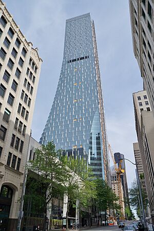 Rainier Square Tower, May 2020 from 4th Avenue and Union Street