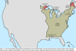 Map of the change to the international disputes involving the United States in central North America on May 12, 1784