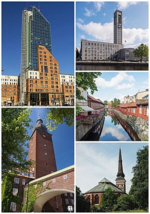 Clockwise from top left: Skrapan, Västerås City Hall, half-timbered buildings alongside Svartån river, Västerås Cathedral and Ottarkontoret