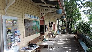 Village Kiosk (formerly Yarwun Railway Station), relocated in 2003 to Calliope River Historical Village (closeup), 2014