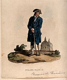 A Greenwich Pensioner with a wooden leg, standing in a lands Wellcome V0013368