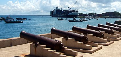 Cannons overlooking the water at Forodhani Gardens park in Stone Town,