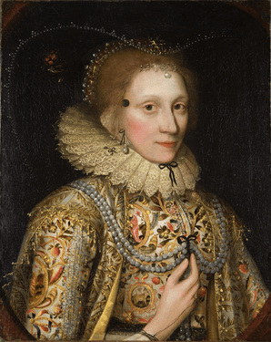 Portrait of an unknown lady wearing a false beauty mark, an embroidered jacket, and a sleeveless gown