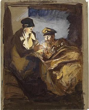 In an Ambulance a VAD lighting a cigarette for a patient (Art. IWM ART 3051)