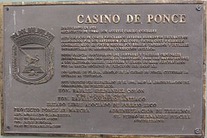 Placa en la pared exterior norte del Casino de Ponce, reconstruido bajo el Proyecto Ponce en Marcha, Bo. Cuarto, Ponce, PR, foto tomada mirando hacia el sur (DSC00173B)