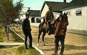 Postcard of Royal North West Mounted Police officers at the Macleod, Alberta barracks