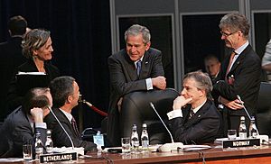 President George W. Bush with Norway’s Prime Minister Jens Stoltenberg and Foreign Minister Jonas Gahr Store