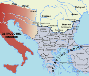 Southeastern Europe in 520, showing the Byzantine Empire under Justin I and the Ostrogothic kingdom