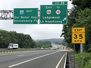 2020-07-08 09 52 44 View west along Interstate 80 at Exit 28 (U.S. Route 46 EAST, TO New Jersey State Route 10, Ledgewood, Lake Hopatcong) in Roxbury Township, Morris County, New Jersey