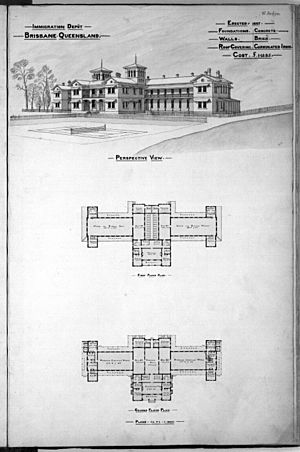 Architectural plans and perspective drawing of the Immigration Depot (Yungaba), Brisbane, 1888