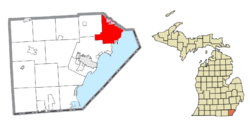 Location within Monroe County and the administered villages of Estral Beach (1) and South Rockwood (2)
