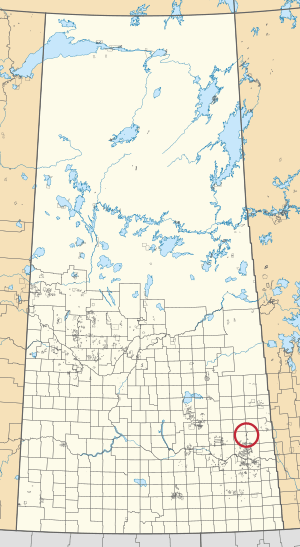 A map of the province of Saskatchewan showing 297 rural municipalities and hundreds of small Indian reserves. One is highlighted with a red circle.