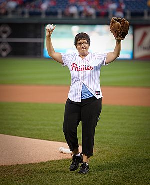 Gloria Casarez throwing out the first pitch at the Philadelphia Phillies game, Aug. 23, 2010