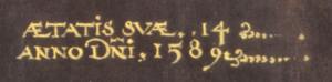 Hieronimo Custodis portrait of Elizabeth Brydges later Lady Kennedy aged 14 inscription