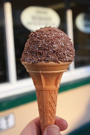 Ice cream in cornet with chocolate chip sprinkling, from Joe's Ice Cream Parlour, St Helen's Road, Swansea, Wales