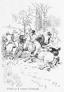 Illust by Hugh Thomson for Riding Recollections by George John Whyte-Melville-Choking a narrow hand gate