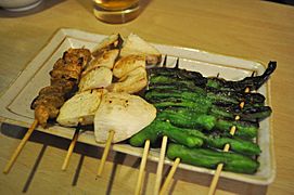 Kushiyaki- assorted kawa (chicken skin), yamaimo (sticky yam), shishito