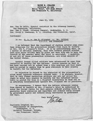 Letter from Wayne Collins, attorney for the defense, to Tom DeWolfe, Special Assistant to the Attorney General, et al. - NARA - 296670