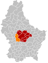 Map of Luxembourg with Helperknapp highlighted in orange, and the canton in dark red