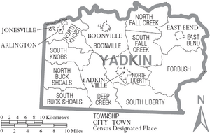 Map of Yadkin County North Carolina With Municipal and Township Labels