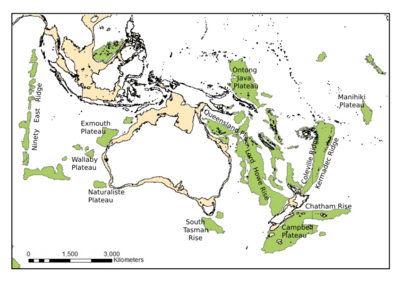 Map showing the location of oceanic plateaus (in green) in the Australia-New Zealand region of the South Pacific