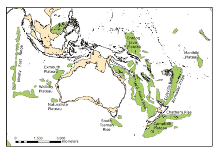 Map showing the location of oceanic plateaus (in green) in the Australia-New Zealand region of the South Pacific