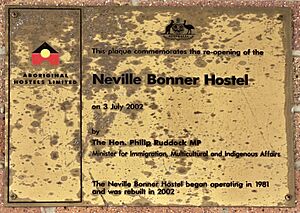 Plaque at Neville Bonner Hostel, Rockhampton, 2023