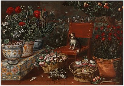 Tomás Yepes - Rincón de jardín con perrito, 1660-70