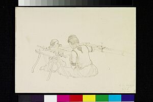 Two boys seated whilst embroidering on either side of an embroidery frame