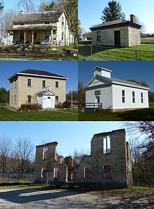 The Wasioja Historic District is on the National Register of Historic Places and includes (clockwise from top left) the Andrew Doig House (1858), Civil War Recruiting Station (1855), Baptist Church (1858), Seminary ruins (1858), and Wasioja School (1860).