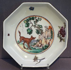 Beacon and saucer, two fables, (saucer), Chelsea, painted by Jefferyes Hamett O'Neale, c. 1752, soft-paste porcelain - California Palace of the Legion of Honor - DSC07604