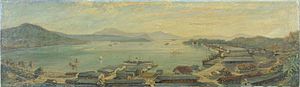 COLLECTIE TROPENMUSEUM Olieverfschildering voorstellend de haven van Sabang op Sumatra door Gravin Ph. van Heerdt tot Eversberg-Quarles van Ufford TMnr 2076-1