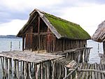 Reconstruction of a pile house at the Pfahlbau Museum Unteruhldingen on Lake Constance in Germany