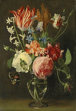 Daniel Seghers - Flowers in a glass vase with a red admiral butterfly