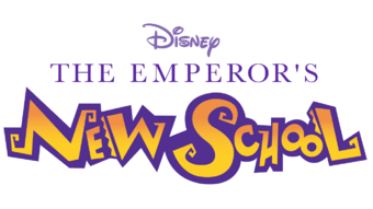 The words "Disney's The Emperor's new School" are shown in various font styles and sizes in a green circle against a white background.