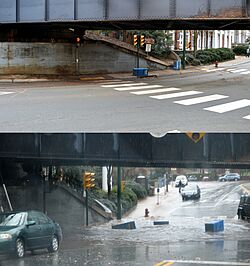 Main and University, Charlottesville, during flash flood (comparison)