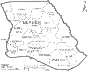 Map of Bladen County North Carolina With Municipal and Township Labels