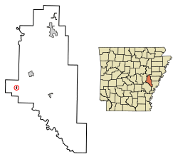 Location of Roe in Monroe County, Arkansas.