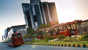 The Red Metro Bus in Blue Area
