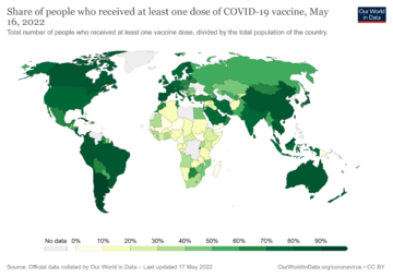 World map of share of people who received at least one dose of COVID-19 vaccine by country
