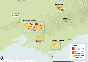 2009 Victorian bushfires map 10 February annotated