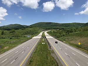 2020-05-25 14 02 02 View east along U.S. Route 48 (Corridor H) from the overpass for Grant County Route 5 (Patterson Creek Road) in Forman, Grant County, West Virginia