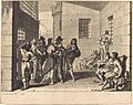 Noble men and women in a prison yard. Prisoners beseeching aid. One prisoner is chained at the neck.