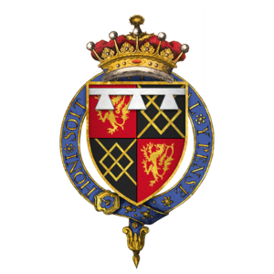 Arms of Sir Thomas Fitzalan,10th Earl of Arundel, KG: FitzAlan quartering Maltravers, with a label of three points argent for the difference of an eldest son.