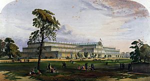 Crystal Palace from the northeast from Dickinson's Comprehensive Pictures of the Great Exhibition of 1851. 1854