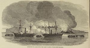 Destruction of Lagos, on the west coast of Africa, by the British squadron ILN 1852-0313-0016