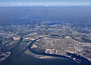 Aerial view of Everett, the county seat, with the Cascade Range in the background