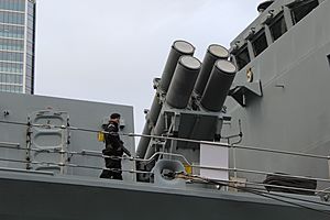 HMS Northumberland (F238) at West India South Dock - Harpoon anti-ship missile launchers 01