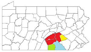 Map of the Harrisburg–York–Lebanon, PA Combined Statistical Area (CSA), composed of the following parts:      Harrisburg-Carlisle, PA Metropolitan Statistical Area (MSA)      Lebanon, PA Metropolitan Statistical Area (MSA)      Gettysburg, PA Metropolitan Statistical Area (MSA)      York-Hanover, PA Metropolitan Statistical Area (MSA)